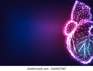 Futuristic holographic heart concept in glowing low polygonal style isolated on purple background. 