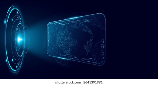 Futuristic holographic HUD interface displaying a digital world map with glowing blue circuits and a sleek. Global cybersecurity and tech innovation for UI design. Vector illustration.