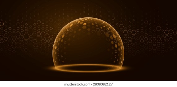 Futuristic holographic orange dome shield with glowing edges and hexagonal pattern on dark background with hexagons. Protective energy barrier for data protection. Vector illustration.