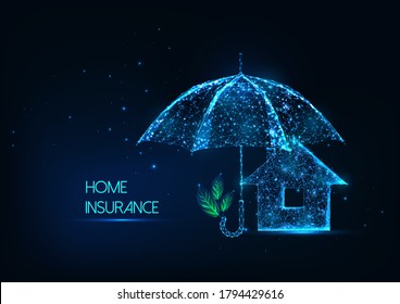 Futuristic  home insurance banner concept with glowing low polygonal house and protective umbrella isolated on dark blue background. 