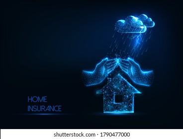 Futuristic Home Insurance Concept With Glowing Low Polygonal House, Protecting Hands And Thunder Storm Clouds Isolated On Dark Blue Background. Modern Wire Frame Mesh Design Vector Illustration. 