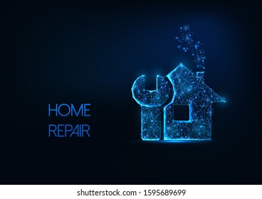 Futuristic home repair concept with glowing low polygonal residential house and wrench tool isolated on dark blue background. 