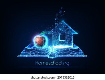 Futuristic Homeschooling, Online studying concept with glowing low polygonal house, apple and open book