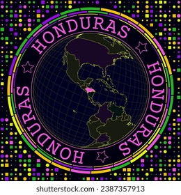 Futuristic Honduras on globe. Bright neon satellite view of the world centered to Honduras. Geographical illustration with shape of country and geometric background. Cool vector illustration.