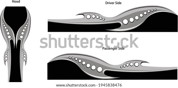 Futuristic hooked blade graphic racing stripes with\
holes for vehicle or boat in black and gray for sides and hood or\
roof. Custom and unique illustrator eps vector graphic design. easy\
to edit.
