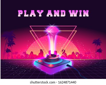 Futuristic horizontal banner, retro computer game in the style of the 80s on a game console with a joystick. Neon laser beams loading page