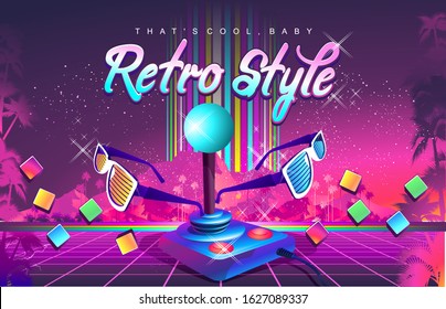 Futuristic horizontal banner, retro computer game in the style of the 80s on a game console with a joystick. Neon laser beams loading page