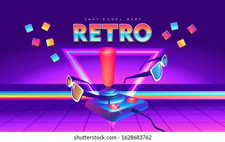 Futuristic horizontal banner, retro computer game in the style of the 80s on a game console with a joystick. Neon laser beams loading page