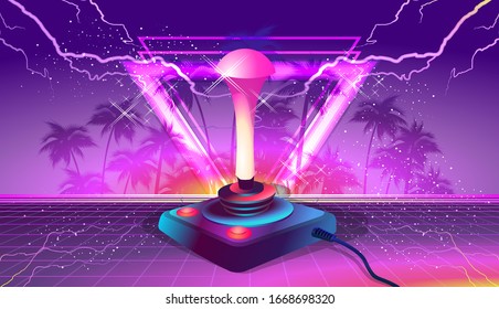 Futuristic horizontal banner, retro computer game in the style of the 80s on a game console with a joystick. Neon laser beams loading page