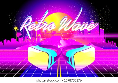 Futuristic horizontal banner virtual reality, with VR glasses, in cyberspace Yellow and pink landscape game 80s. Futuristic synth wave, retrowave style