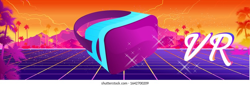 Futuristic horizontal banner virtual reality, with VR glasses, in cyberspace Yellow and pink landscape game 80s.