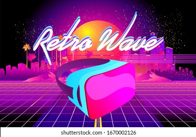 Banner futurista horizontal realidad virtual, con gafas VR, en el ciberespacio Yellow y rosa juegos de paisaje 80s. Onda de sintetización futurista, estilo de reola