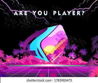 Futuristic horizontal banner virtual reality, with VR glasses, in cyberspace Yellow and pink landscape game 80s. Futuristic synth wave, retrowave style