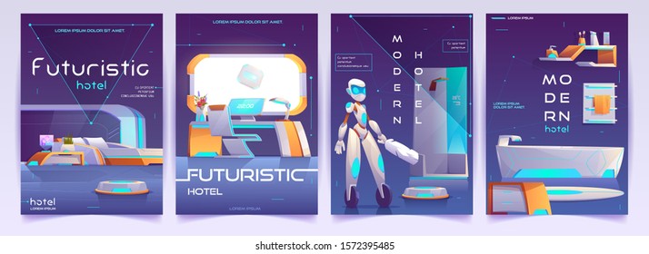 Futuristic hotel banners set. Humanised robot cleaner assistant in home with neon glowing furniture. Hospitality advertising background, hi-tech apartment posters design. Cartoon vector illustration