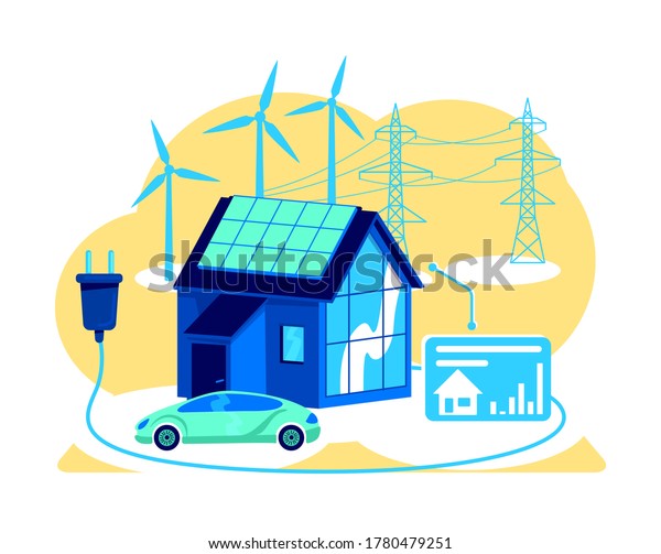 Futuristic house flat concept vector illustration.\
Smart house and car. Control devices remotely. Digital\
transformation 2D cartoon illustration for web design. Industrial\
living creative\
idea