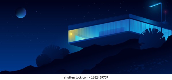 Futuristisches Haus auf einem Berg unter den Bäumen. Minimalistische Nachtlandschaft