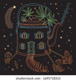 Casa futurista en una olla de té en colores psicodélicos con hongos agaric de mosca y hojas de cáñamo de cannabis en un fondo negro. Papel hippie, batik, papel pintado humorístico, bandana de moda
