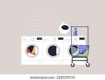 Futuristic household chores concept, a cute white robot waiting for the laundry to wash in a coin laundromat