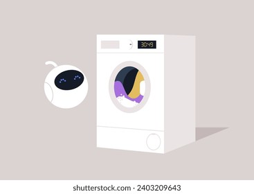 Futuristic household chores concept, a cute white robot waiting for the laundry to finish the washing cycle