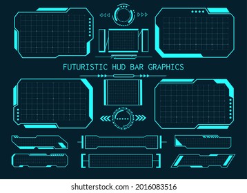 Futuristic hud bar graphics. Future games text bars graphic set on grid background, videogame tech display concept, virtual digital technology style abstract ui ux templates