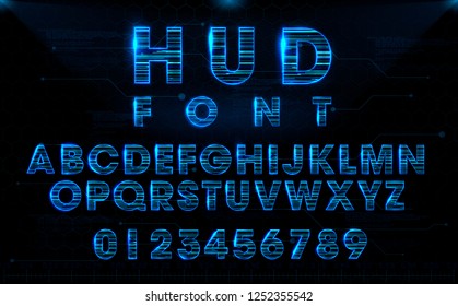 Futuristic HUD blue vector font design. English letters and numbers with hologram effect. Digital hi-tech style symbols. Typography design for headlines, labels, posters, cover, etc.