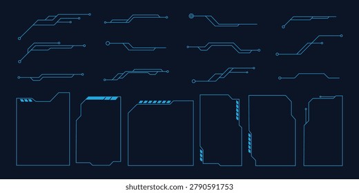 Futuristic HUD callout lines and sci-fi UI frame elements. Vector illustration of neon blue cyber tech pointers and digital text box borders representing gaming interface template.