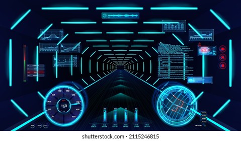 Futuristic HUD car interface in cyberspace for VR, AR, GUI, UI. Concept VR helmet and spaceship cockpit view. Auto indicators HUD, engine status, speedometer and GPS navigation. Vector cyberpunk 