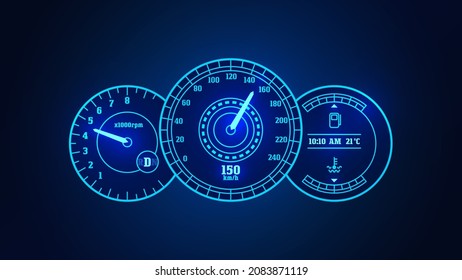 Velocímetro de coche HUD futurista. Escala vectorial de gasolina a nivel, tacómetro de vehículo, velocímetro de coche. Conjunto digital neón moderno del panel aislado. Velocidad de medición, ilustración de tecnología rpm.