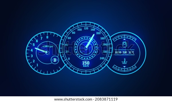 Futuristic HUD car speedometer. Vector\
scale of level gasoline, vehicle tachometer, car speedometer.\
Modern neon digital set of the isolated dashboard. Measuring speed,\
rpm technology\
illustration.