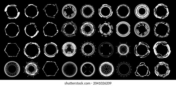 Futuristic HUD circle big collection. Sci-fi digital circle shapes with UI, GUI, Web design. Abstract HUD elements. Flat geometric collection. Futuristic User Elements. Vector FUI set