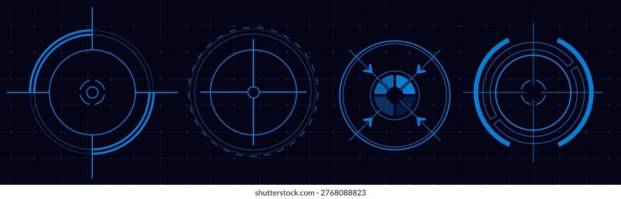 Futuristic hud circles with glowing digital frame, neon target interface, abstract vector illustrations isolated on background. High tech game screen elements for sci-fi design projects