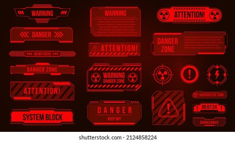 Futuristic HUD Danger Zone And Alert Caution Screens. Warning And Attention Red Hologram Frames And Signs. Cyber Interface Alarm Vector Set Of Alert Safety Button Illustration