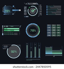 Futuristic hud dashboard display virtual reality technology screen. 
Big collection HUD, GUI elements for VR, UI design. Futuristic User Interface set. 
Statistics, infographic 