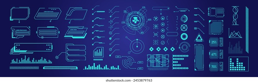 Futuristic hud dashboard display virtual reality technology screen. Futuristic User Interface set. Cyberpunk digital elements circles HUD, charts, frame, buttons