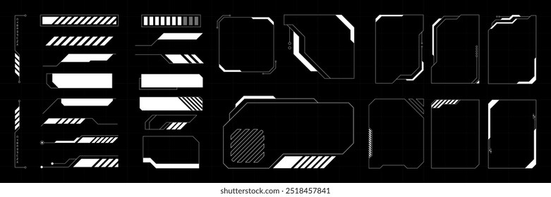 Futuristic Hud Element Vector Illustration. Set cyberpunk tech collection. Sci-fi futuristic hud dashboard display virtual reality technology screen.