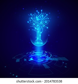 Futuristic HUD elements. Abstract hi-tech circles with circuit tree hologram elements virtual reality. Sci fi futuristic User Interface. Vector illustration