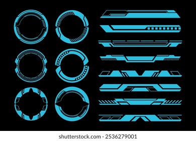 Futuristic HUD Elements Cyberpunk. Sci-Fi Interface, Circular and Linear Tech Borders Vector Illustration