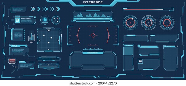 Elementos de matiz futurista. Paneles digitales, marcos, títulos de llamadas, barras de progreso en el espacio cibernético. Juego de vectores de elementos de interfaz de juegos Sci-fi. Pantalla virtual con panel digital para juegos