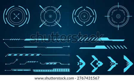 Futuristic HUD elements, digital interface, glowing sci-fi crosshairs, aiming reticles, and geometric graphic overlays for technology and gaming