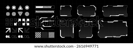 Futuristic HUD elements and interface components including arrows, frames, bars, and shapes in a high-tech sci-fi style. Collection for games, cyberpunk or UI UX design. Trendy vector illustration