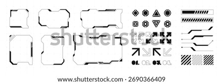 Futuristic HUD elements and interface components including arrows, frames, bars, and shapes in a high-tech sci-fi style. Collection for games, cyberpunk or UI UX design. Trendy vector illustration