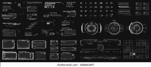 Futuristic HUD elements with link boxes, arrows, callouts, headers, pointers, borders, info fields and boxes. Set of Elements for Video Games or Modern Sci-Fi User Interface