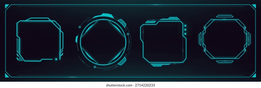 Colección de marco HUD futurista con bordes de neón brillante y Elementos de interfaz digital. Paneles de interfaz de usuario de juegos tecnológicos con barras de pantalla ciberpunk, cajas holográficas y marcos de ciencia ficción sobre fondo oscuro.