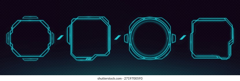 Colección de marco HUD futurista con bordes de neón brillante y Elementos de interfaz digital. Paneles de interfaz de usuario de juegos tecnológicos con barras de pantalla ciberpunk, cajas holográficas y marcos de ciencia ficción sobre fondo oscuro.