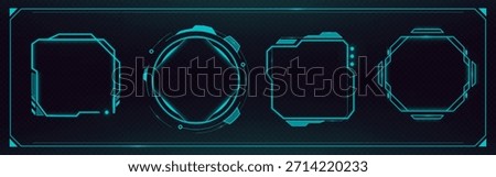 Futuristic HUD frame collection with glowing neon borders and digital interface elements. Tech game UI panels with cyberpunk screen bars, holographic boxes and sci fi frames on dark background.