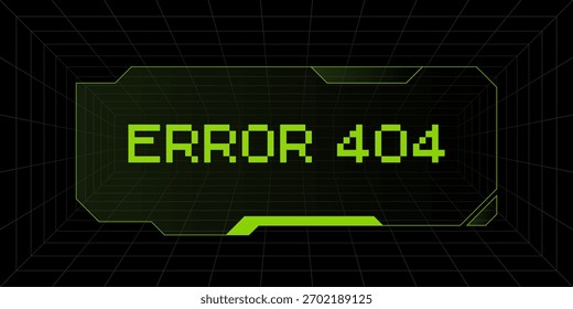 Futuristischer HUD-Rahmen mit FEHLER 404 auf perspektivischem Gitterboxhintergrund. Abstrakter grüner Rahmen und Drahtmodell mit weißer Gitterlinie auf schwarzem Hintergrund. Kollektion für Spiele, Cyberpunk oder UI UX Design. 