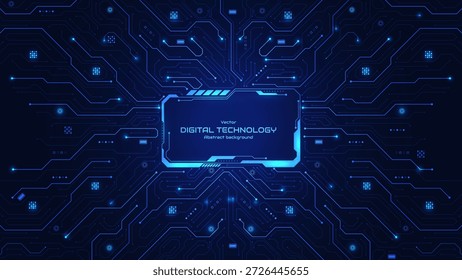 Futuristischer HUD-Rahmen auf Schaltkreishintergrund. High-Tech-Leiterplatten-Verbindungssystem. KI-Innovationskonzept. Maschinelles Lernen und Big Data. Business und KI Assistenz oder Service. Vektorgrafik.