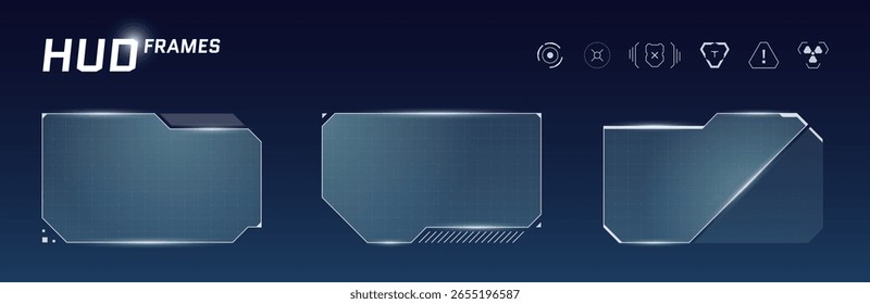 Futuristic HUD frame with transparent digital panels, sci fi cyberpunk layout and techno elements. Modern UI template for infographic, robot control screen or abstract tech poster design.
