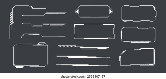 Quadros de HUD futurista, bordas caixa de texto painel de interface do usuário de menu de jogo. Barra de linha de tecnologia de linha. Elementos de tela Ficção Científica para Interface do Usuário de Jogos