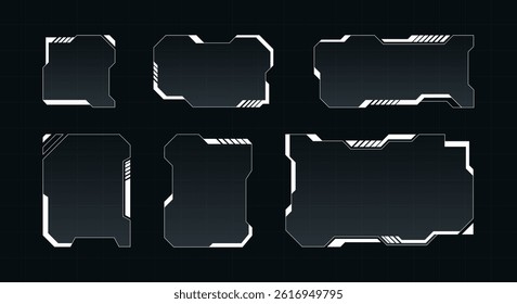 Futuristic HUD  frames in a high-tech sci-fi style on grid dark background. Collection for games, cyberpunk or UI UX design. Trendy vector illustration